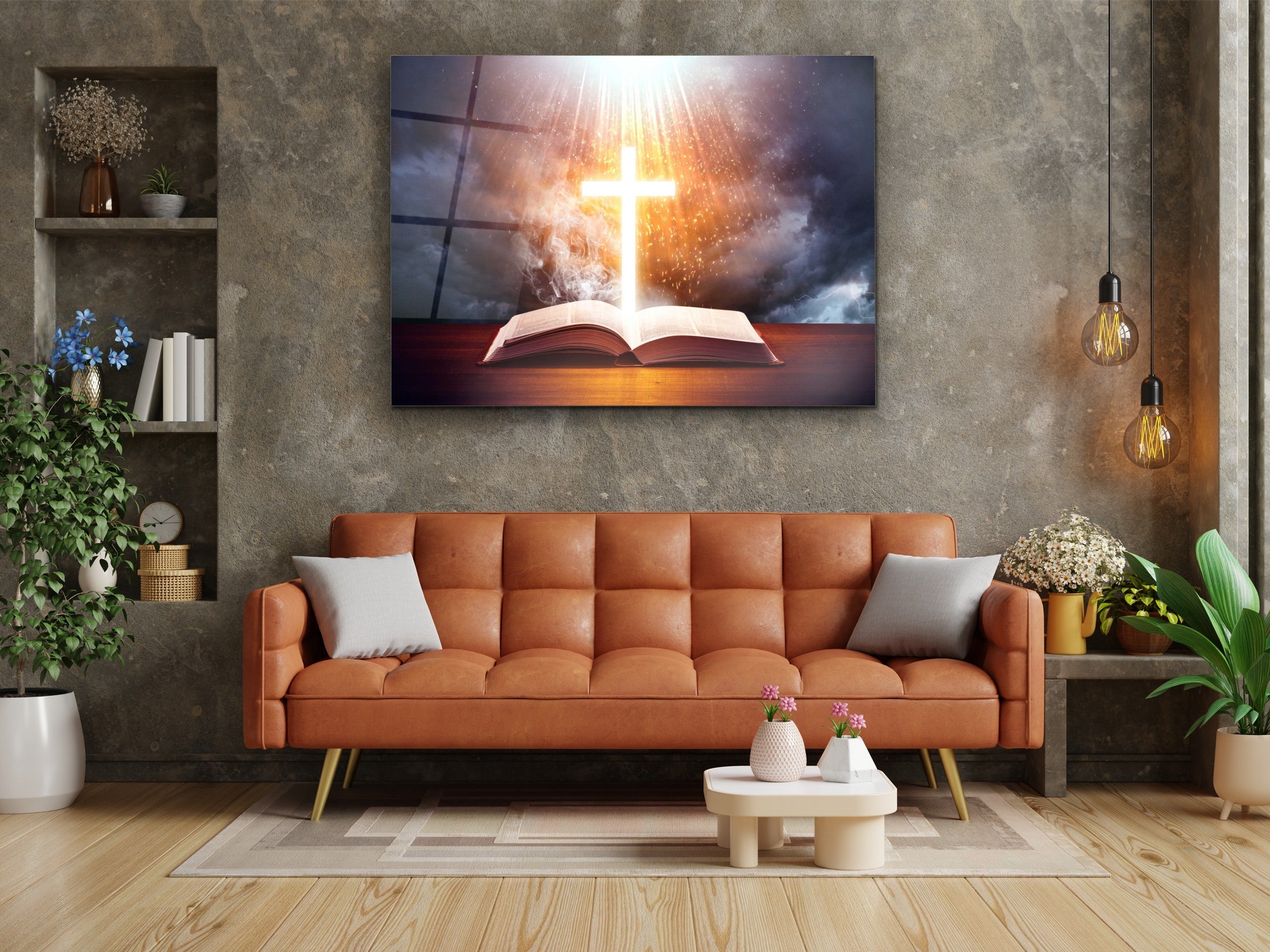 ・"Rising Cross and The Bible"・Glass Wall Art