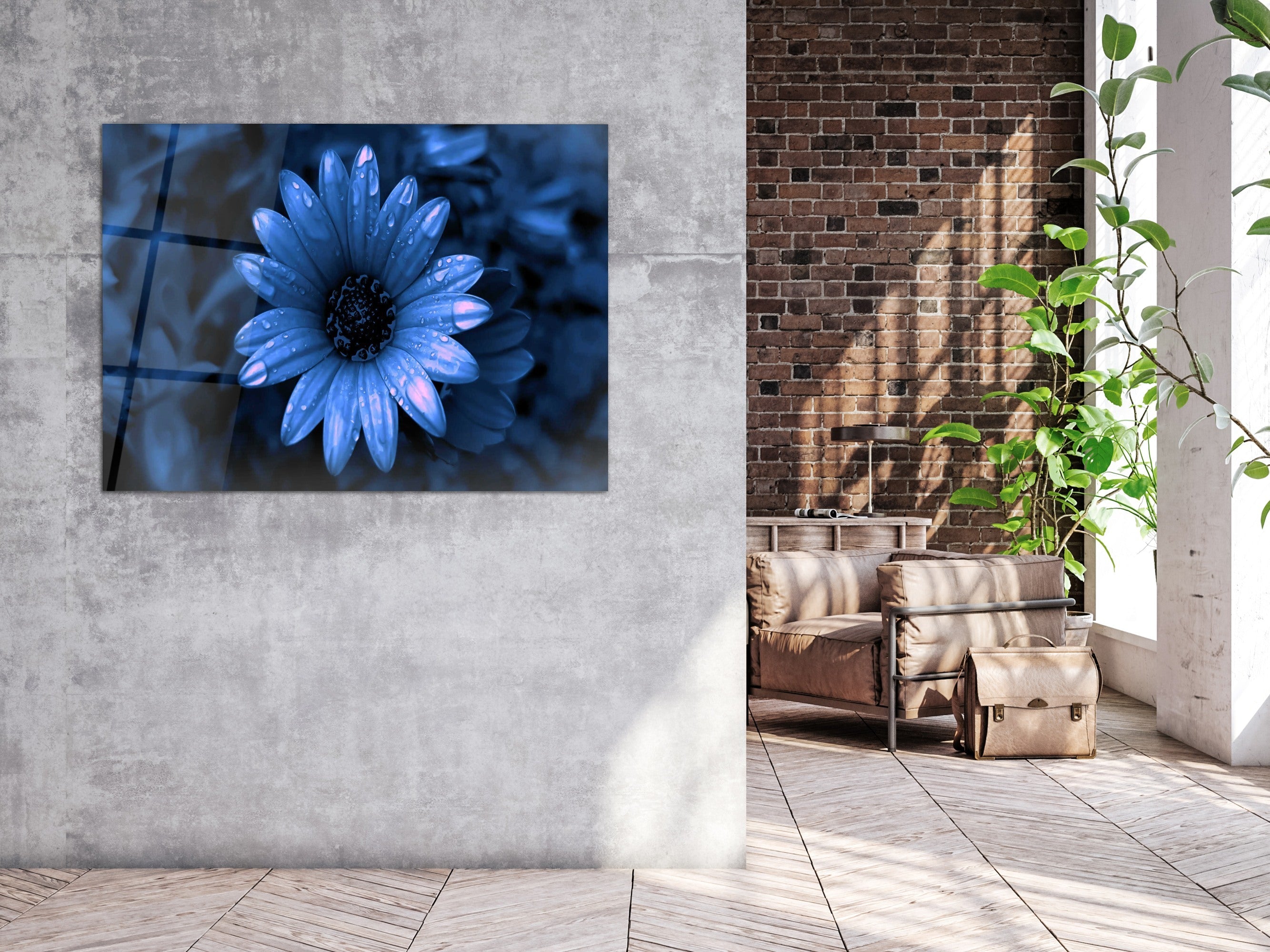 ・"Sprits on Blue Daisy"・Glass Wall Art