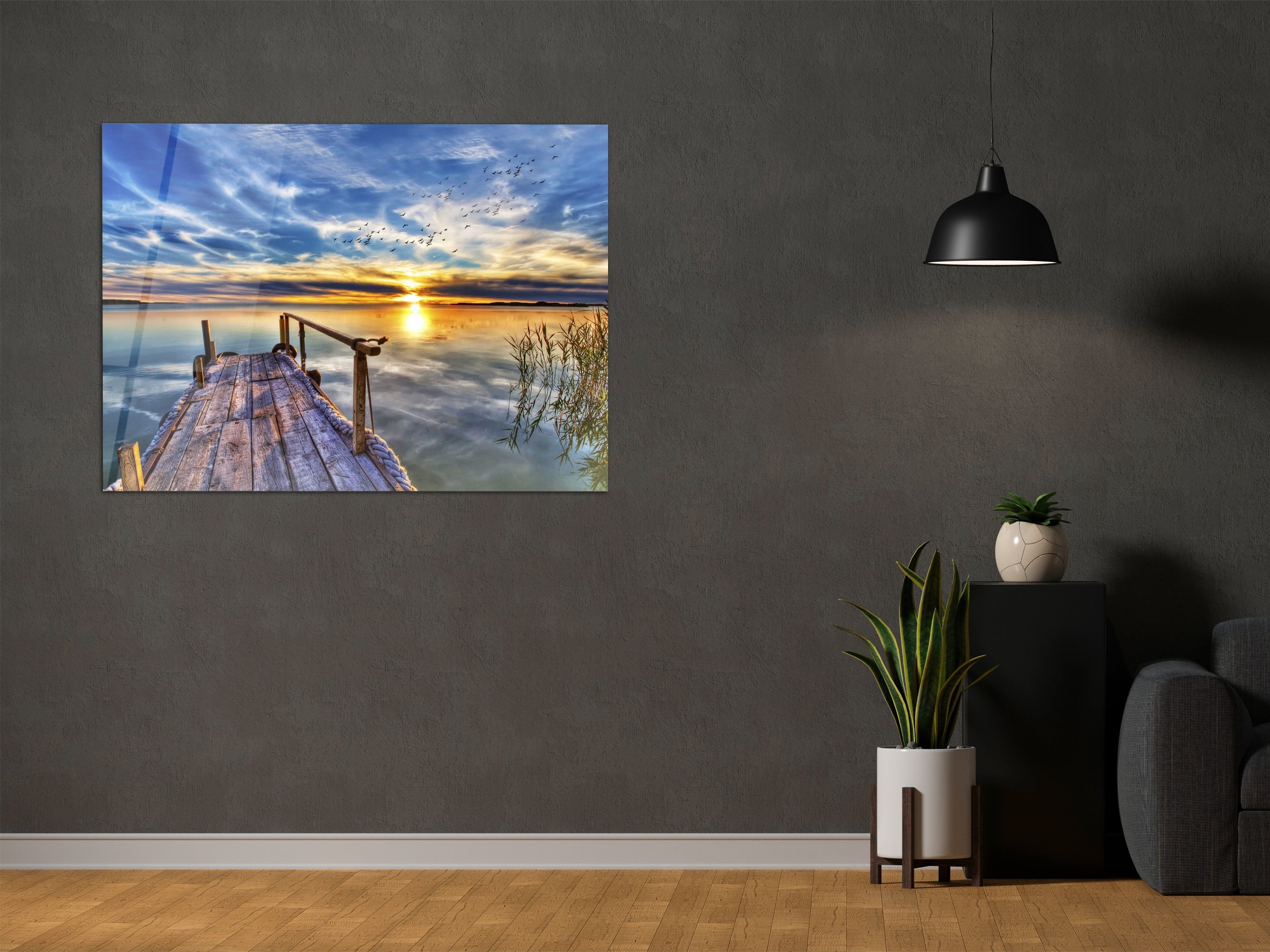 ・"Sunrise at the dock"・Glass Wall Art