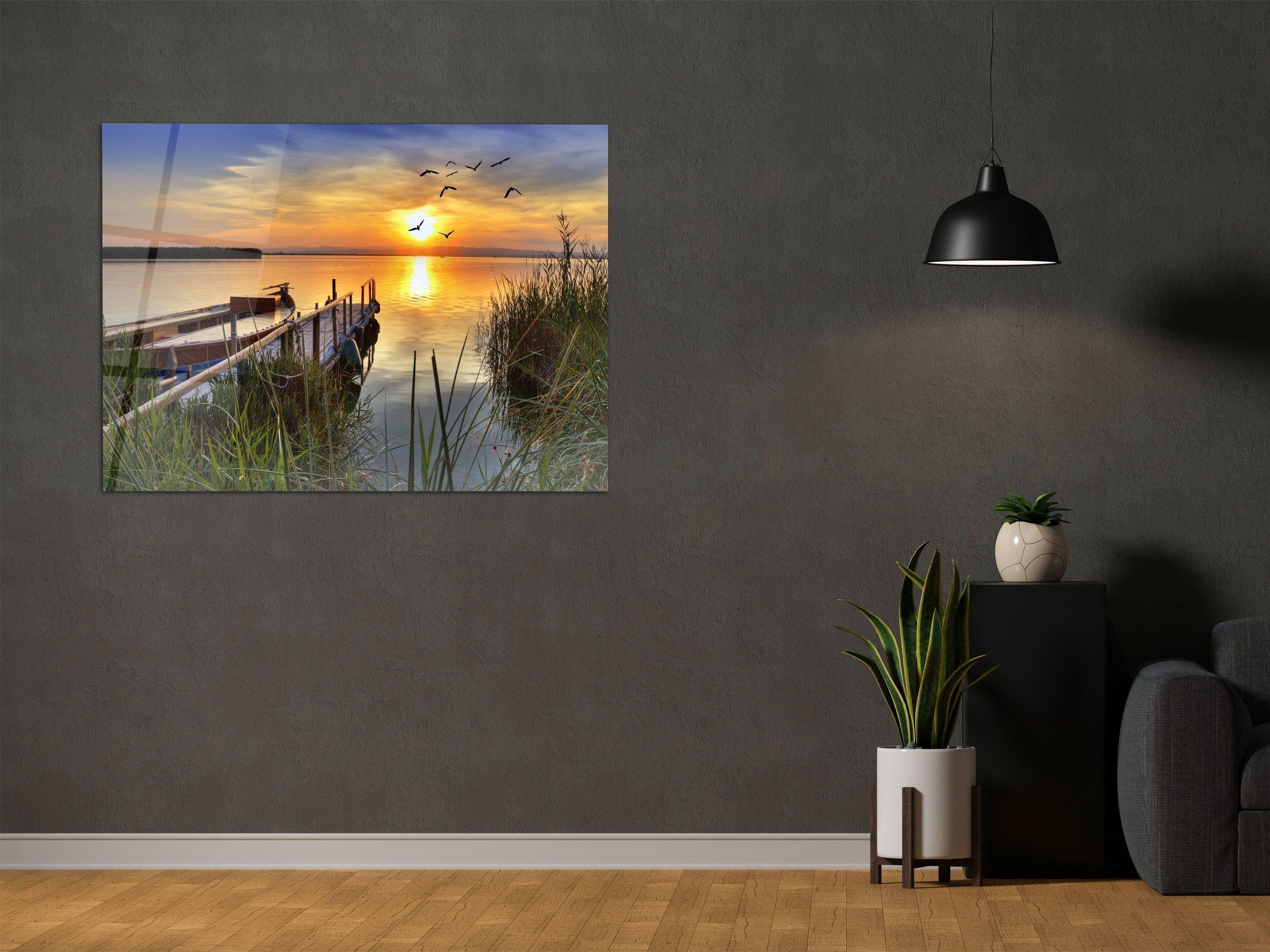 ・"Sunset at the dock"・Glass Wall Art - Wonders Of Wall