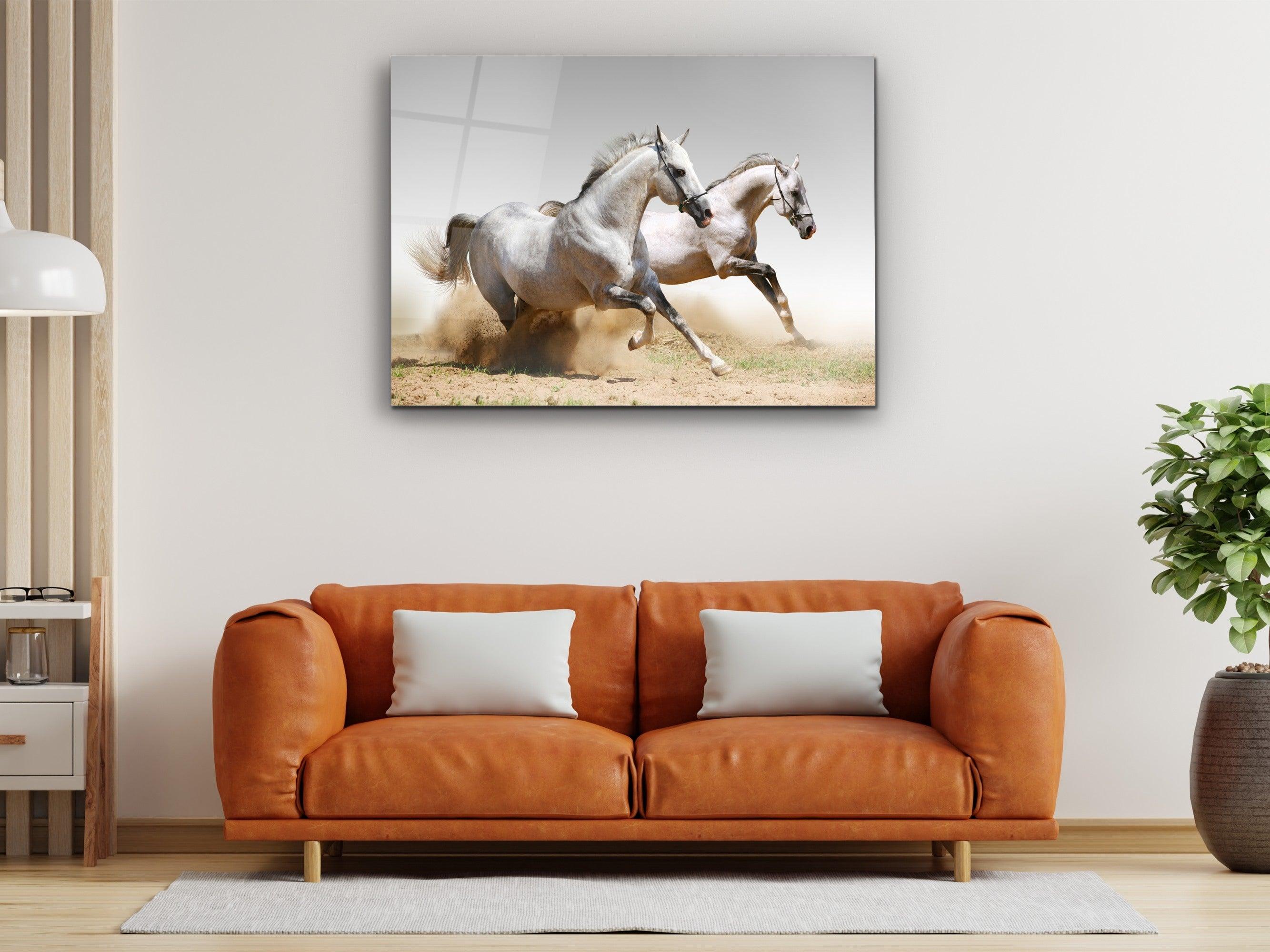 ・"Twin White Stallions"・Glass Wall Art - Wonders Of Wall