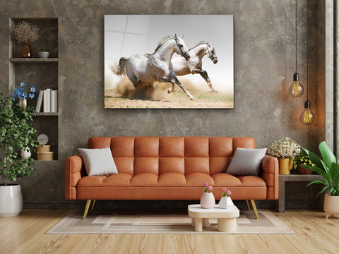 ・"Twin White Stallions"・Glass Wall Art - Wonders Of Wall