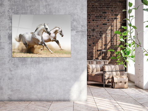 ・"Twin White Stallions"・Glass Wall Art - Wonders Of Wall