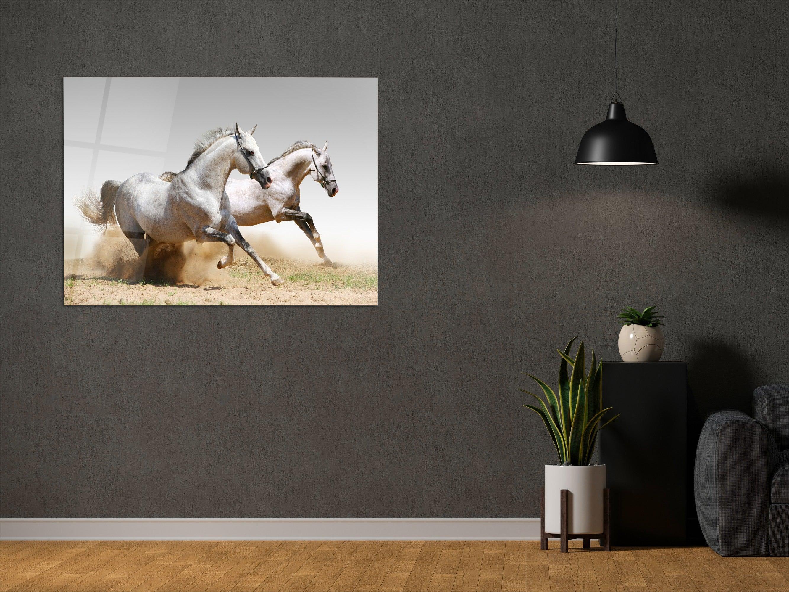 ・"Twin White Stallions"・Glass Wall Art - Wonders Of Wall
