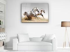 ・"Twin White Stallions"・Glass Wall Art - Wonders Of Wall