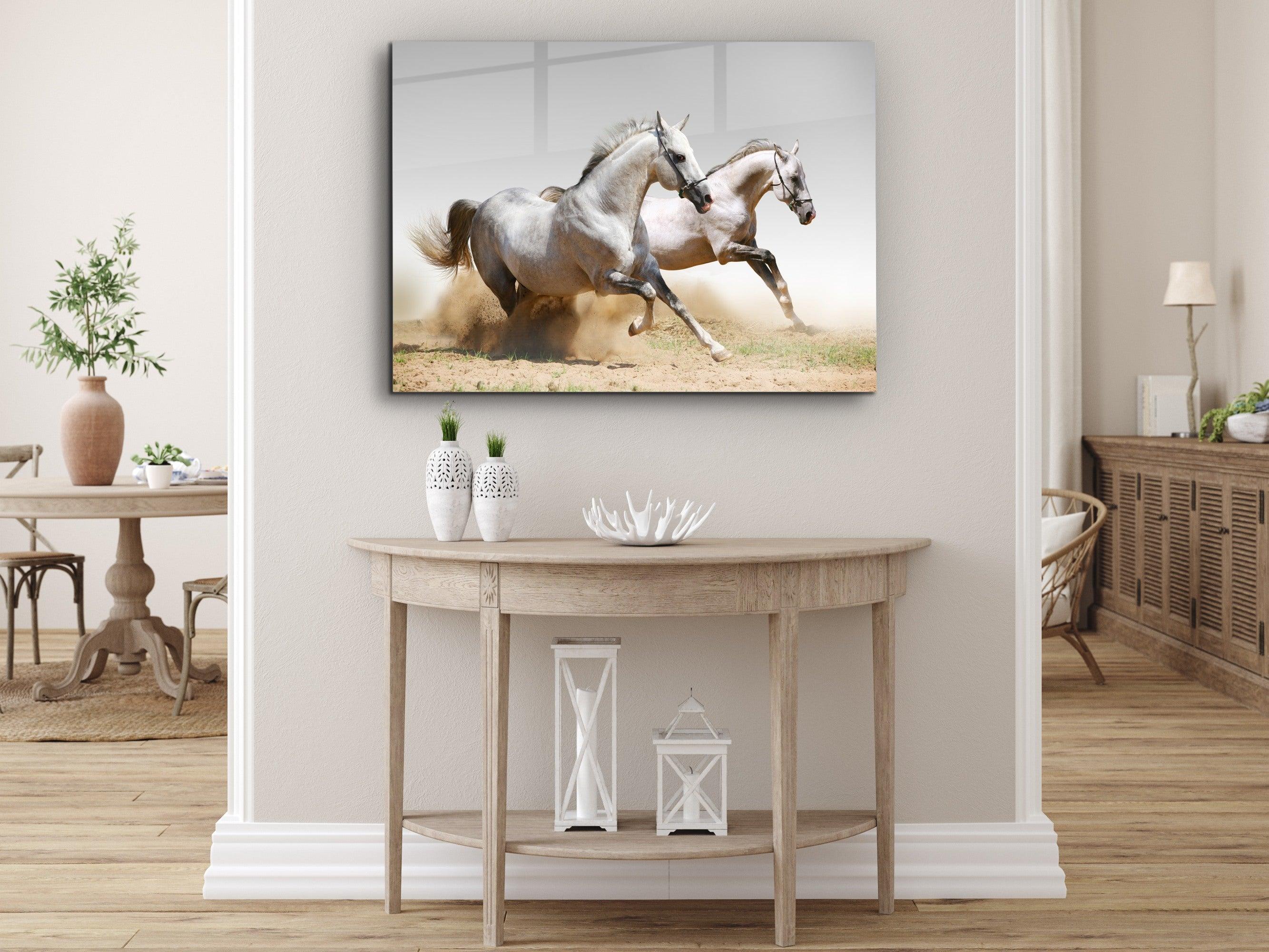 ・"Twin White Stallions"・Glass Wall Art - Wonders Of Wall