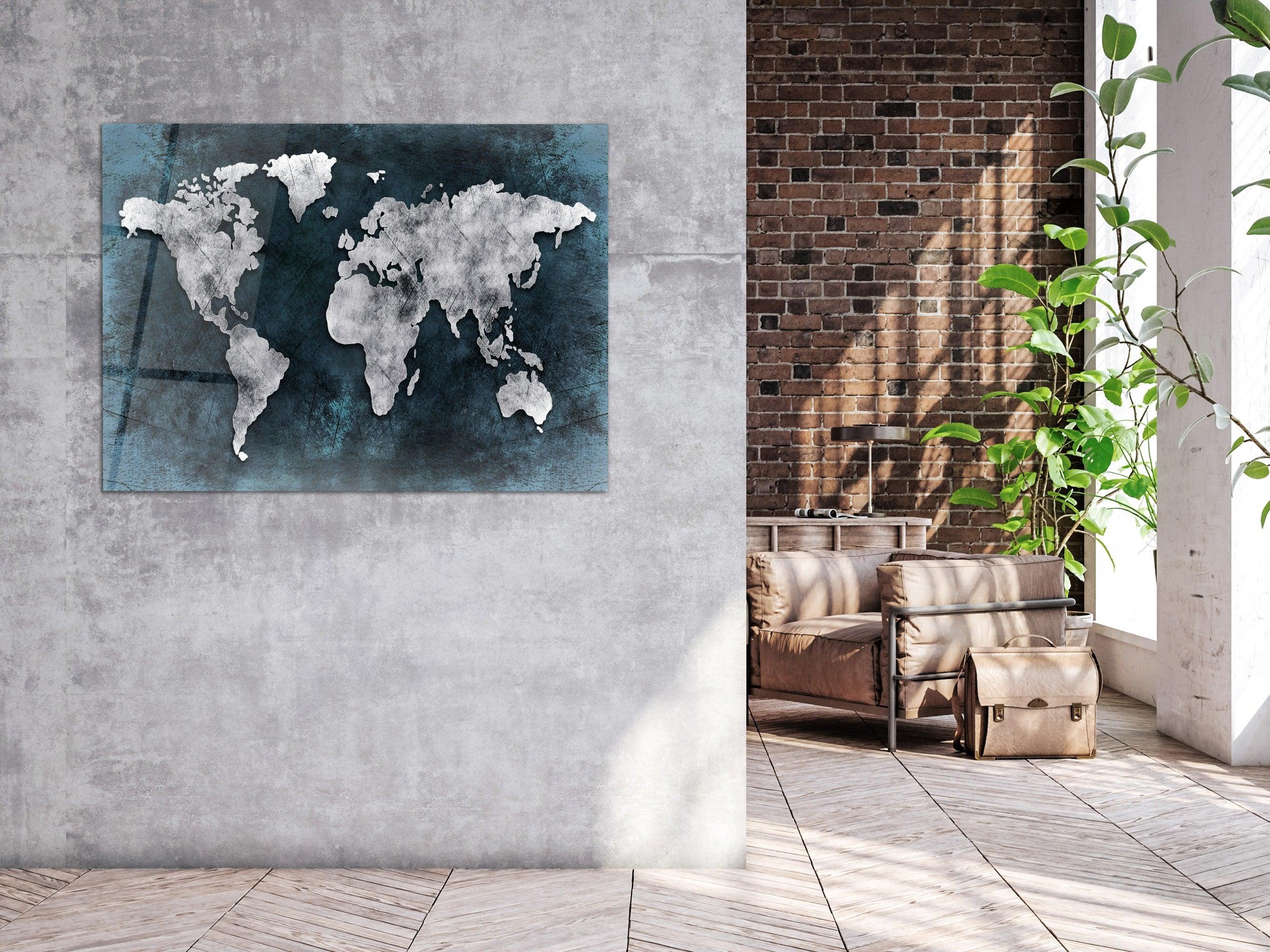 ・"World Map Dark Blue Silver"・Glass Wall Art - Wonders Of Wall