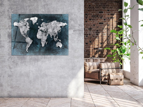 ・"World Map Dark Blue Silver"・Glass Wall Art - Wonders Of Wall