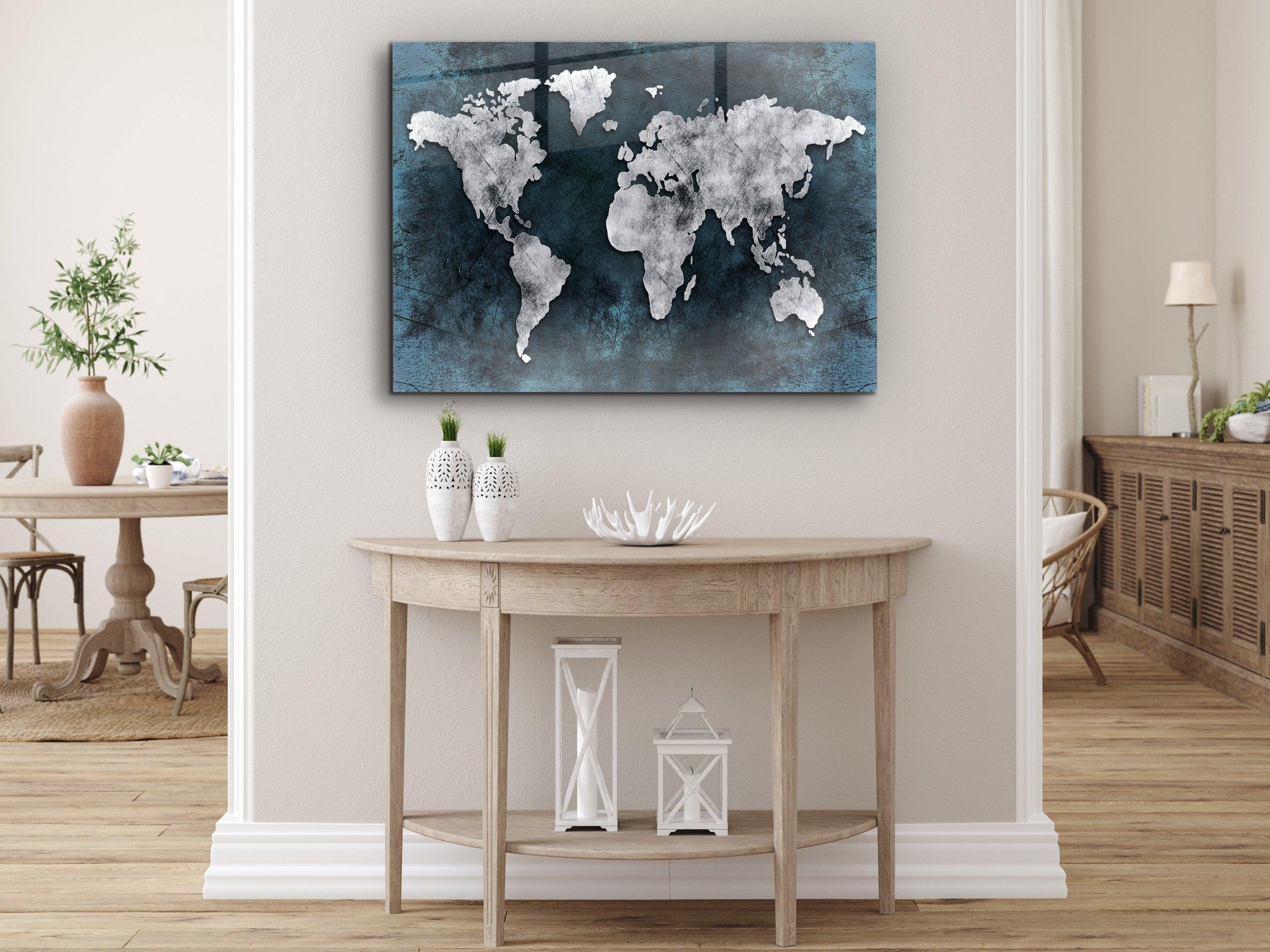 ・"World Map Dark Blue Silver"・Glass Wall Art - Wonders Of Wall