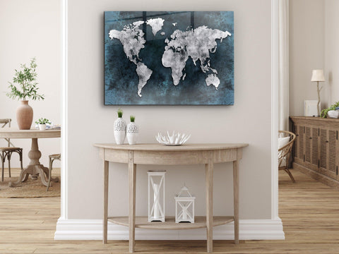 ・"World Map Dark Blue Silver"・Glass Wall Art - Wonders Of Wall