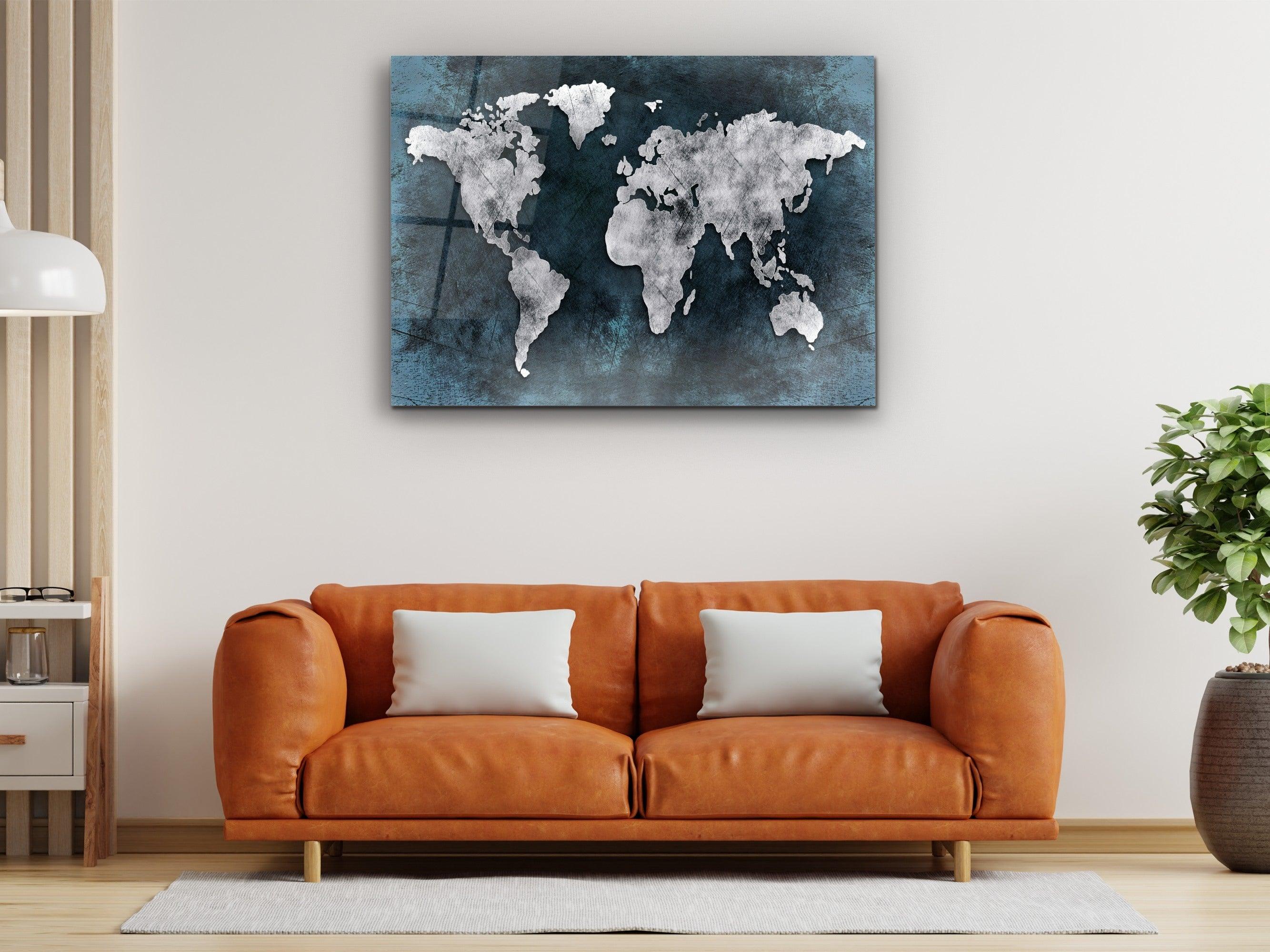 ・"World Map Dark Blue Silver"・Glass Wall Art - Wonders Of Wall