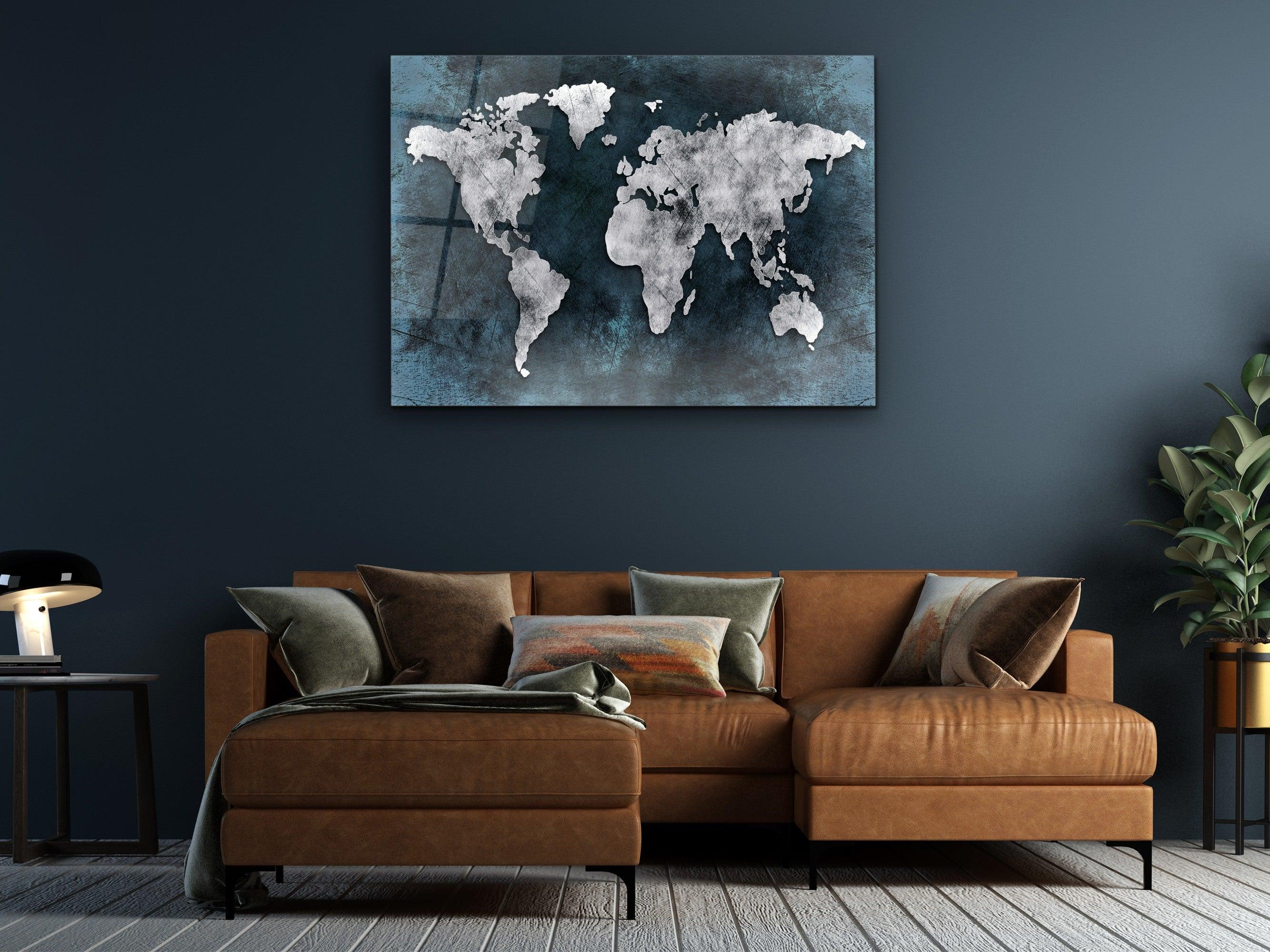 ・"World Map Dark Blue Silver"・Glass Wall Art - Wonders Of Wall